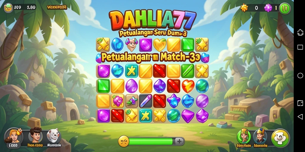Tangkapan layar DAHLIA77 menunjukkan gameplay Match-3 yang penuh warna.