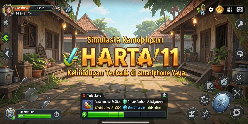 Tampilan gameplay HARTA11 dengan karakter berinteraksi dan beraktivitas.