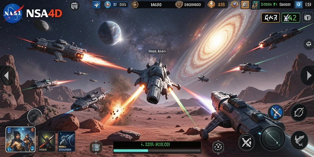Gameplay action intens di luar angkasa dalam NASA4D.
