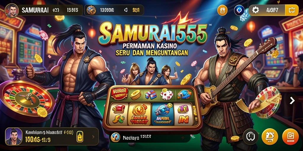 Screenshot gameplay SAMURAI555 menampilkan mesin slot yang menarik dan warna-warni.