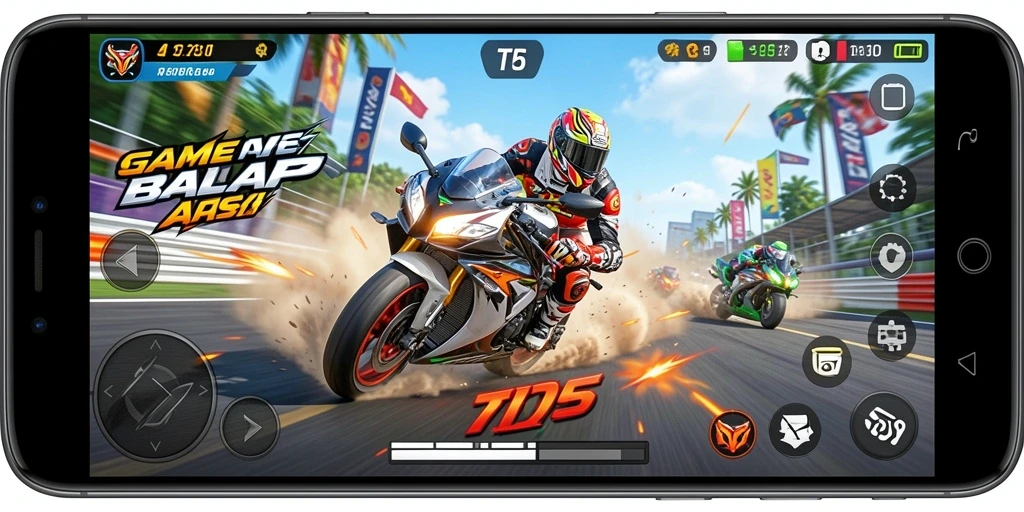 Tampilan gameplay T6 yang mendebarkan saat balapan motor.